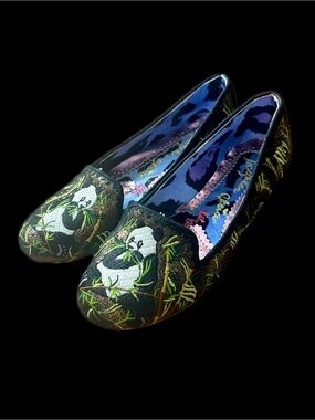 Irregular Choice Black Flats with Green Bamboo Panda Embroidery